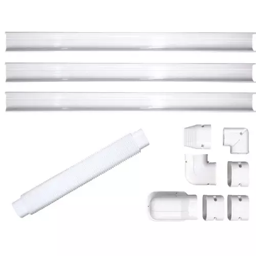 Kit de Canaletas PVC 3” Color Blanco Instalación de Aire Acondicionado 1mt, INCLUYE 3 Tramos de 1m, Entrada Pared, 2 Codos (1 Ajustable, 1 de 90°), 3 Coples, Ducto Flexible 24”, Salida Final - CXKC1M