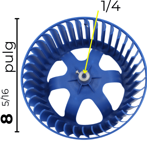 Turbina Evaporador Largo 3 3/4 Ancho 8 5/16 Flecha 5/16 CCW izquierda - numero de parte 12100103000099 Turbina Evaporador Largo 3 3/4 Ancho 8 5/16 Flecha 5/16 CCW izquierda - numero de parte 12100103000099