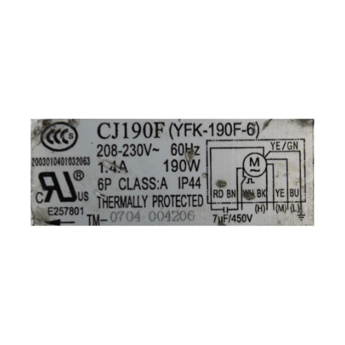 Motor de Clima de Ventana, 2 Ton Mirage, CJ190F (YFK-190F-6), 208-230V, 60Hz, 1.4A, 190W, 6 Polos - 150116034 Motor de Clima de Ventana, 2 Ton Mirage, CJ190F (YFK-190F-6), 208-230V, 60Hz, 1.4A, 190W, 6 Polos - 150116034