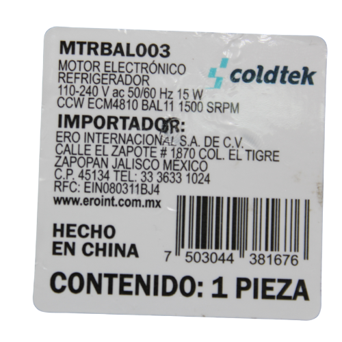 Motor Balero Ba11, Refrigerador, ECM4810, 110-240V, 50/60Hz, 15W, CCW, Proteccion Clase IP65, sirve para refrigerador IMBERA, 1500 RPMs - MTRBAL003 Motor Balero Ba11, Refrigerador, ECM4810, 110-240V, 50/60Hz, 15W, CCW, Proteccion Clase IP65, sirve para refrigerador IMBERA, 1500 RPMs - MTRBAL003