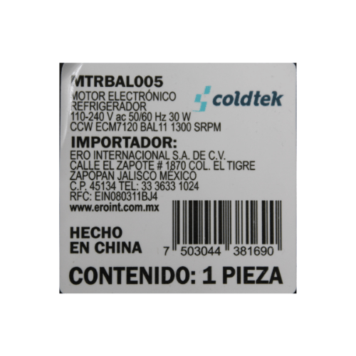 Motor Balero Ba11, Refrigerador, ECM7120, 110-240V, 50/60Hz, 30W, CCW, Proteccion Clase IP65, sirve para refrigerador IMBERA, 1300 RPMs - MTRBAL005 Motor Balero Ba11, Refrigerador, ECM7120, 110-240V, 50/60Hz, 30W, CCW, Proteccion Clase IP65, sirve para refrigerador IMBERA, 1300 RPMs - MTRBAL005