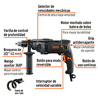 Taladro de 1/2" 800 W dos velocidades, industrial, Truper 103068 / TAL-1/2N2 - 1665 / TAL-1/2N