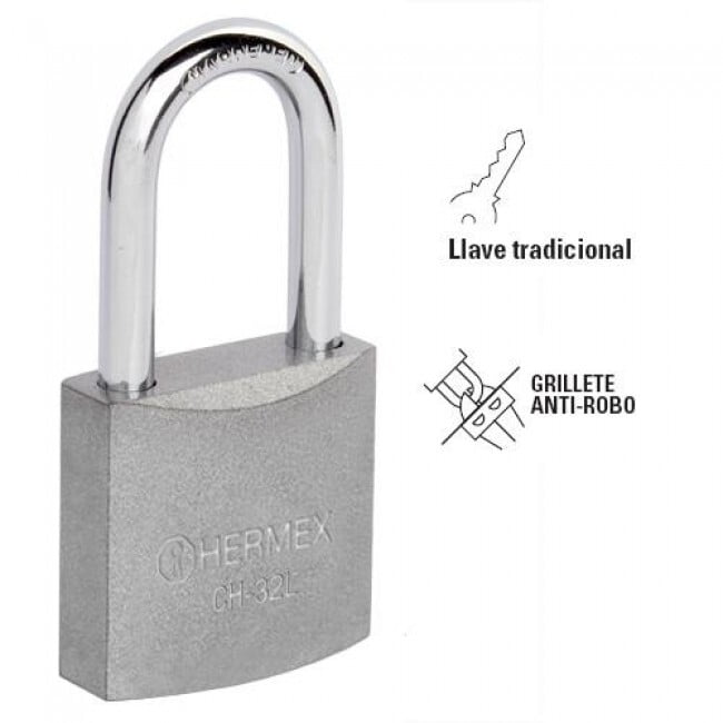 Candado de hierro, 32 mm, gancho largo, caja - CH-32L / 43793 Candado de hierro, 32 mm, gancho largo, caja - CH-32L / 43793