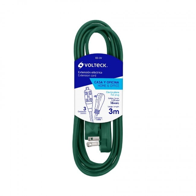 Extensión eléctrica doméstica con clavija plana, 3m, verde - ED-3V / 48008 Extensión eléctrica doméstica con clavija plana, 3m, verde - ED-3V / 48008