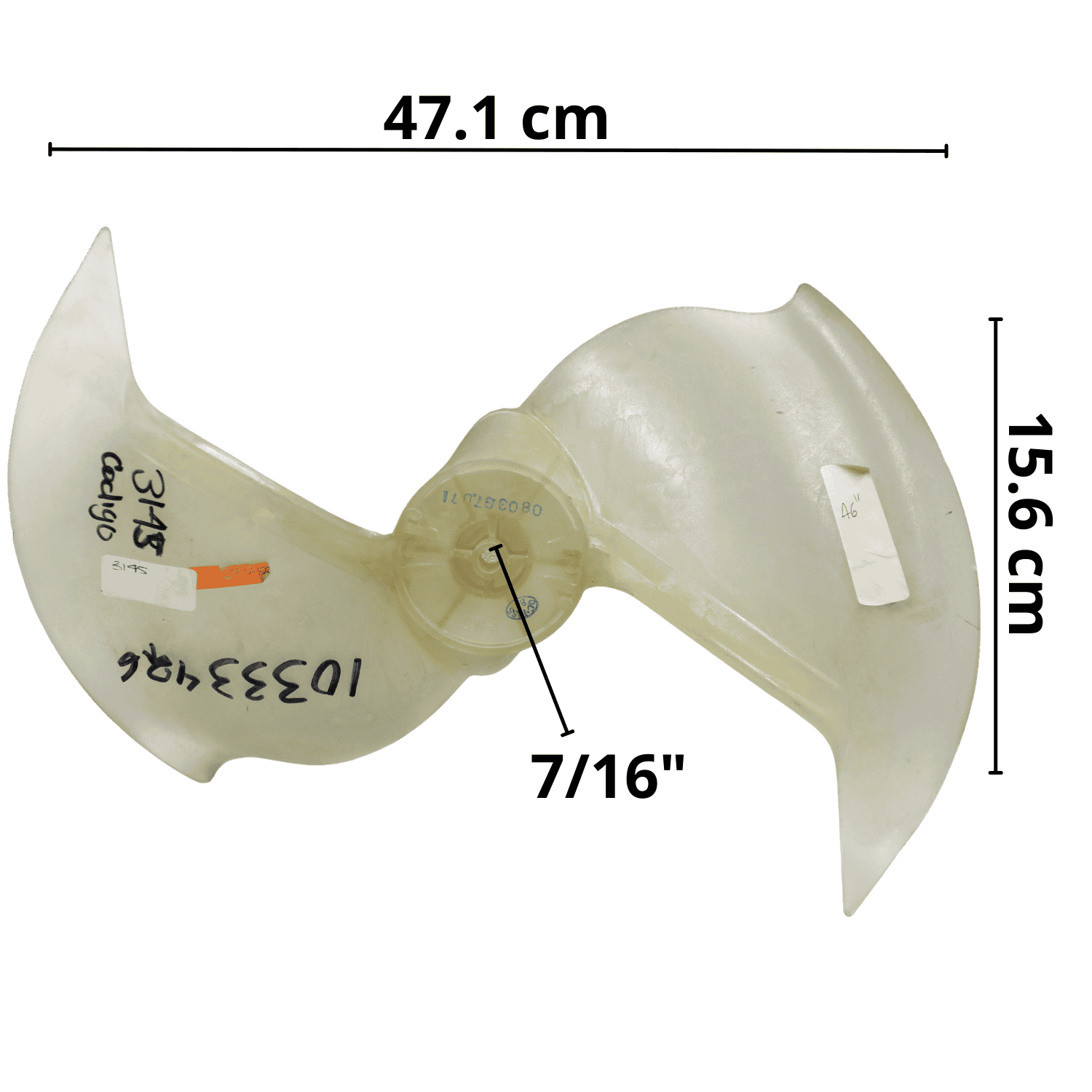 Aspa para Minisplit Condensador 1.5 Ton Largo 47.1cm Ancho Aro 15.6cm Flecha 7/16 CCW Izquierda Hojas 2 -10333426 Aspa para Minisplit Condensador 1.5 Ton Largo 47.1cm Ancho Aro 15.6cm Flecha 7/16 CCW Izquierda Hojas 2 -10333426