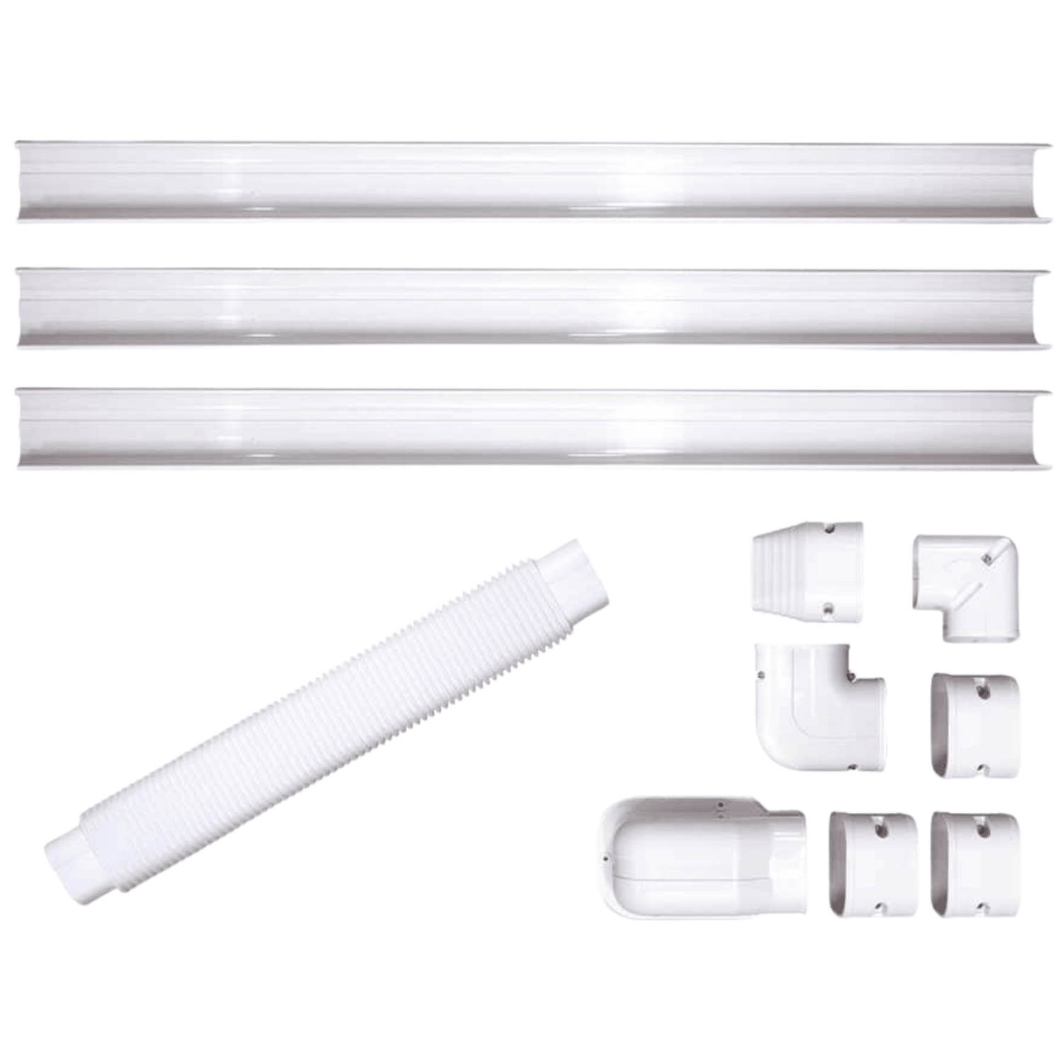 Kit de Canaletas PVC 3” Color Blanco Instalación de Aire Acondicionado 1mt, INCLUYE 3 Tramos de 1m, Entrada Pared, 2 Codos (1 Ajustable, 1 de 90°), 3 Coples, Ducto Flexible 24”, Salida Final - CXKC1M Kit de Canaletas PVC 3” Color Blanco Instalación de Aire Acondicionado 1mt, INCLUYE 3 Tramos de 1m, Entrada Pared, 2 Codos (1 Ajustable, 1 de 90°), 3 Coples, Ducto Flexible 24”, Salida Final - CXKC1M