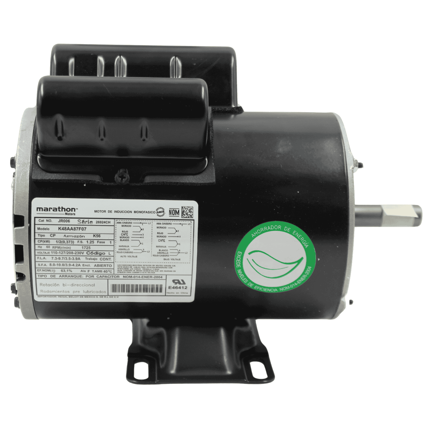 Motor 1/2 Hp, Flecha 5/8, Base Rígida Marathon Sustituye K48Aa87F07 - JR006