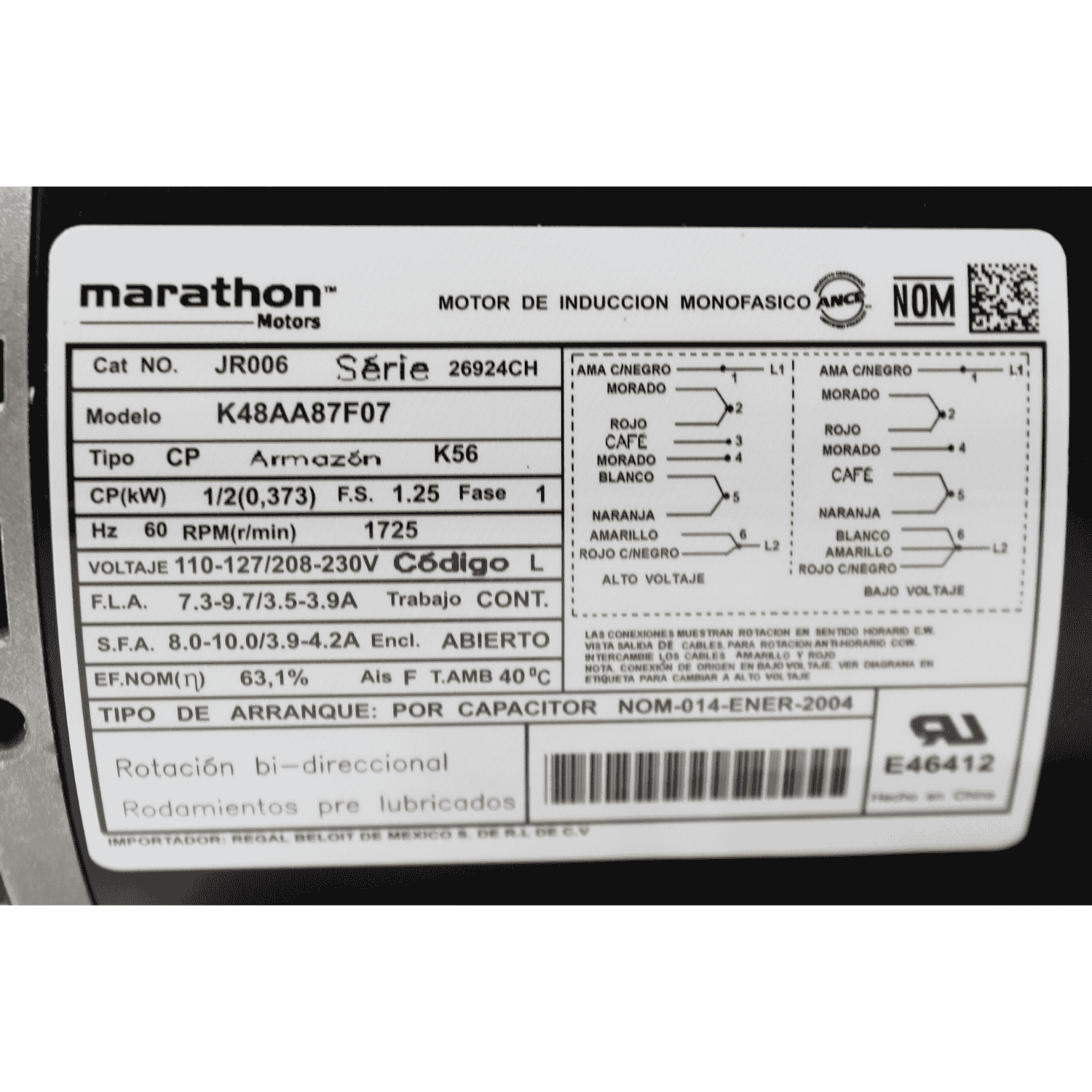 Motor 1/2 Hp, Flecha 5/8, Base Rígida Marathon Sustituye K48Aa87F07 - JR006