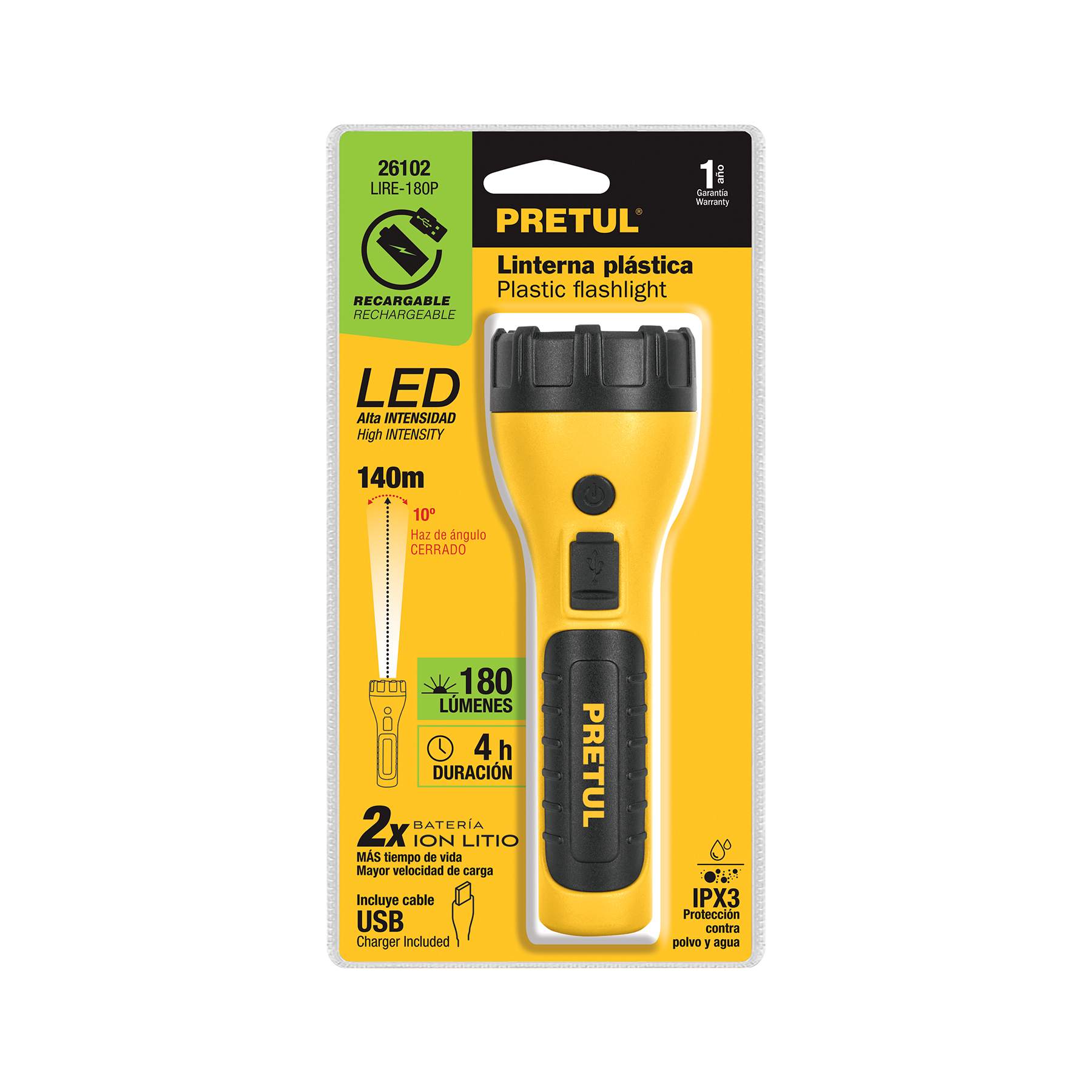 Linterna plástica de LED, 180 lm, recargable, PRETUL-LIRE-180P / 26102 Linterna plástica de LED, 180 lm, recargable, PRETUL-LIRE-180P / 26102