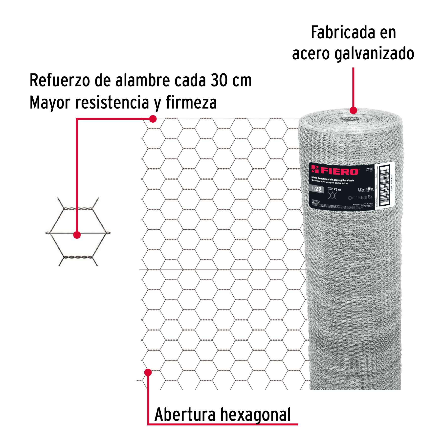Rollo malla hexagonal cal.22, 1.2x 45m, abertura 25mm, 16kg-MAHE-2512 / 44657 Rollo malla hexagonal cal.22, 1.2x 45m, abertura 25mm, 16kg-MAHE-2512 / 44657