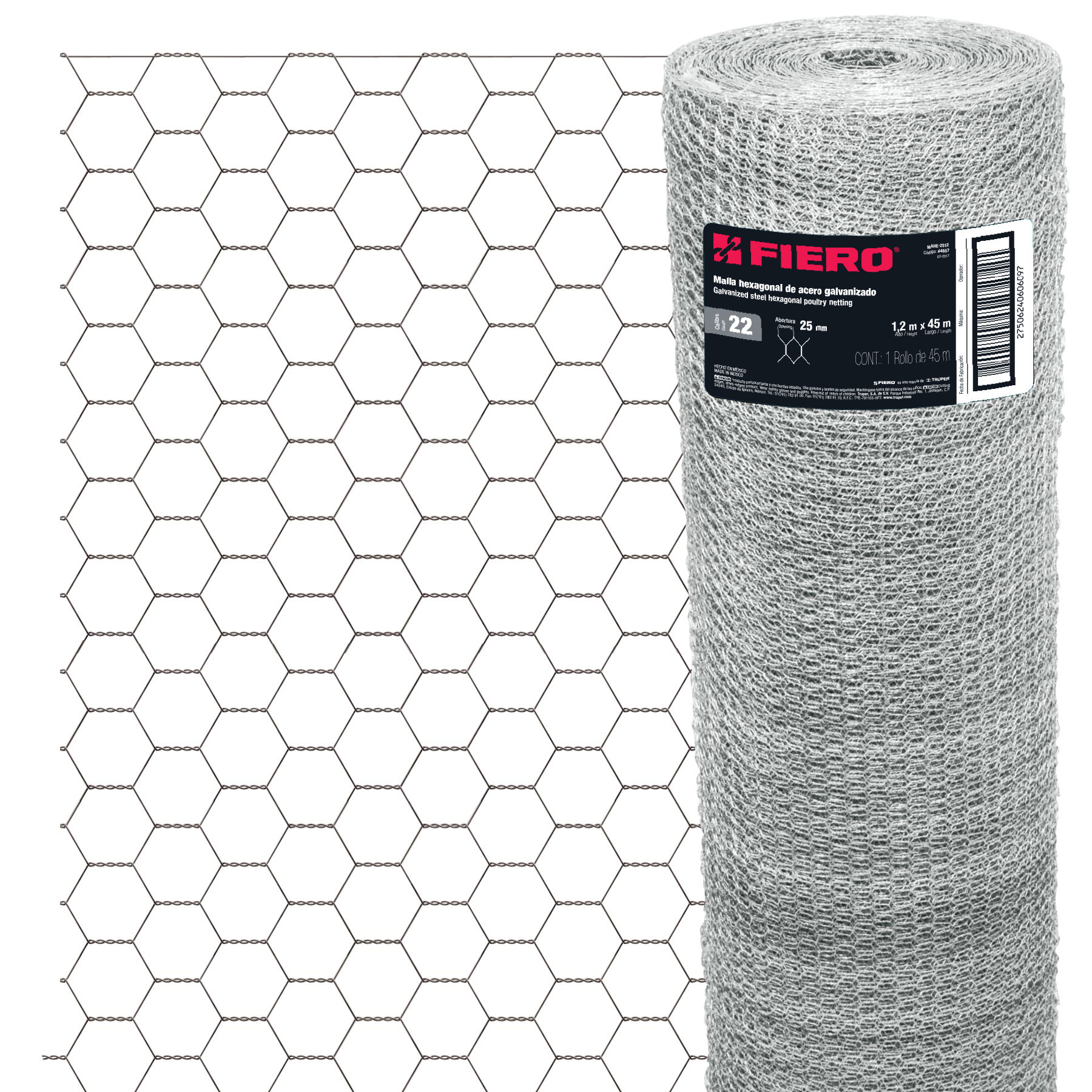 Rollo malla hexagonal cal.22, 1.2x 45m, abertura 25mm, 16kg-MAHE-2512 / 44657 Rollo malla hexagonal cal.22, 1.2x 45m, abertura 25mm, 16kg-MAHE-2512 / 44657