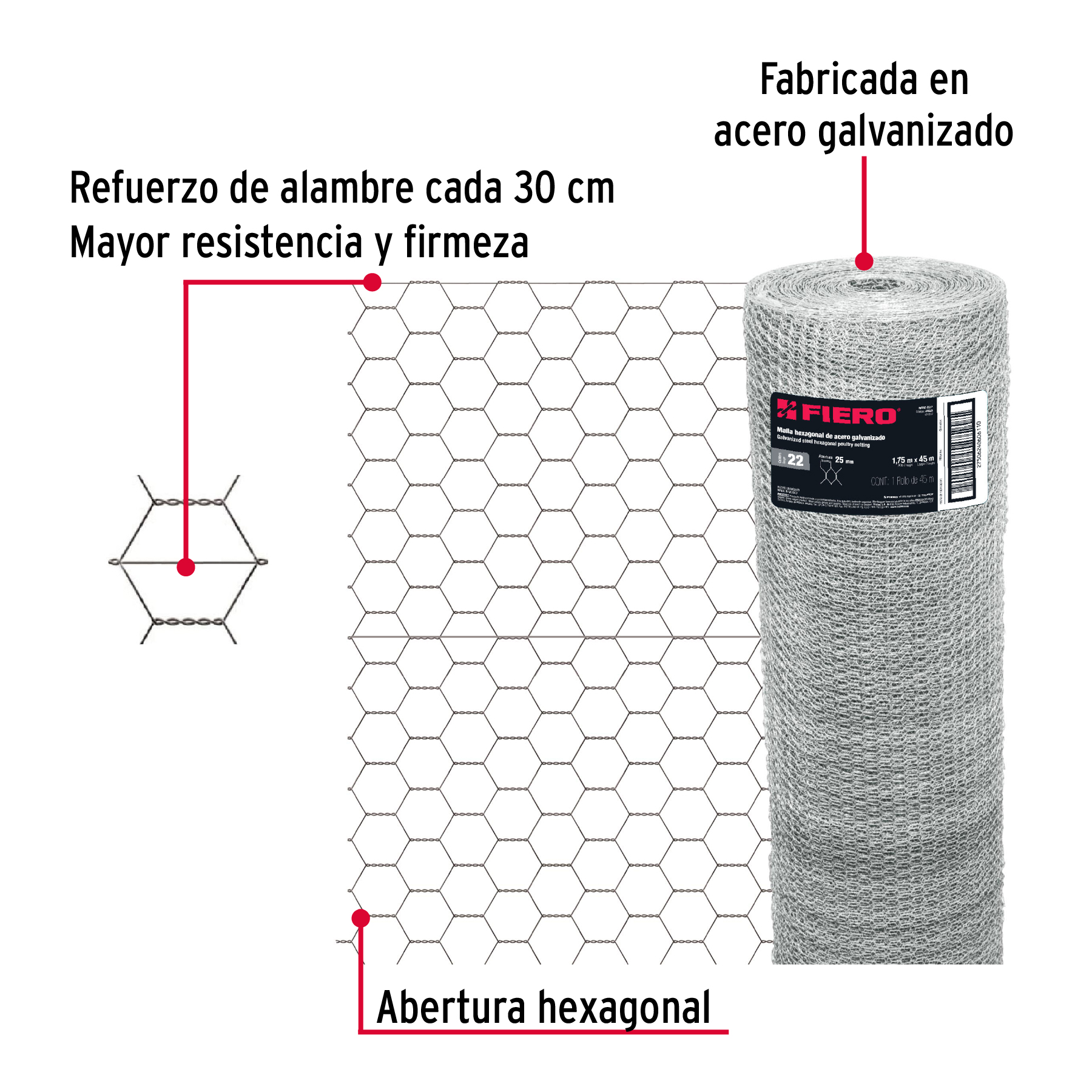 Rollo malla hexagonal cal.22, 1.75x 45m, abertura 25mm, 23kg-MAHE-2517 / 44659 Rollo malla hexagonal cal.22, 1.75x 45m, abertura 25mm, 23kg-MAHE-2517 / 44659