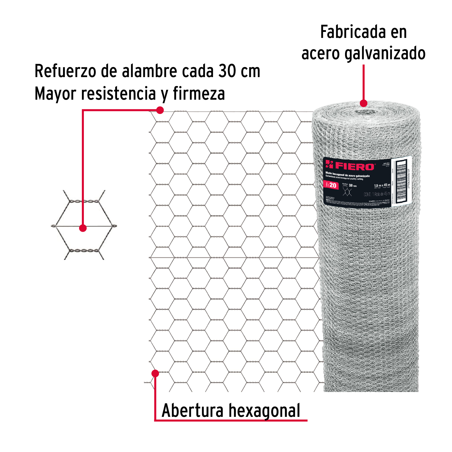 Rollo malla hexagonal cal.20, 1.5x 45m, abertura 38mm, 19kg-MAHE-3815 / 44660 Rollo malla hexagonal cal.20, 1.5x 45m, abertura 38mm, 19kg-MAHE-3815 / 44660
