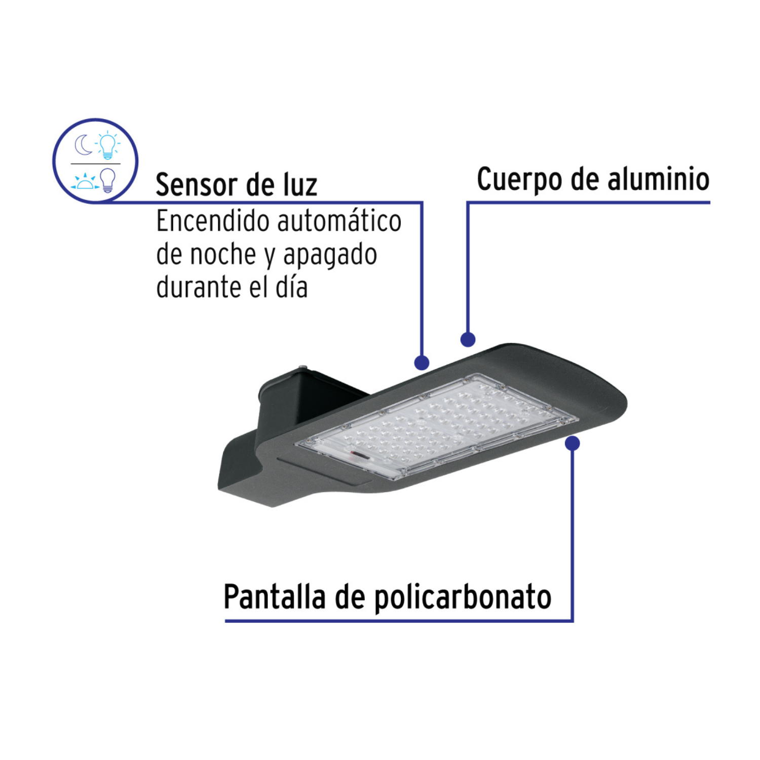 Luminario suburbano LED 60 W 6500 K, sensor de luz, VOLTECK-SUB-851L / 45862 Luminario suburbano LED 60 W 6500 K, sensor de luz, VOLTECK-SUB-851L / 45862