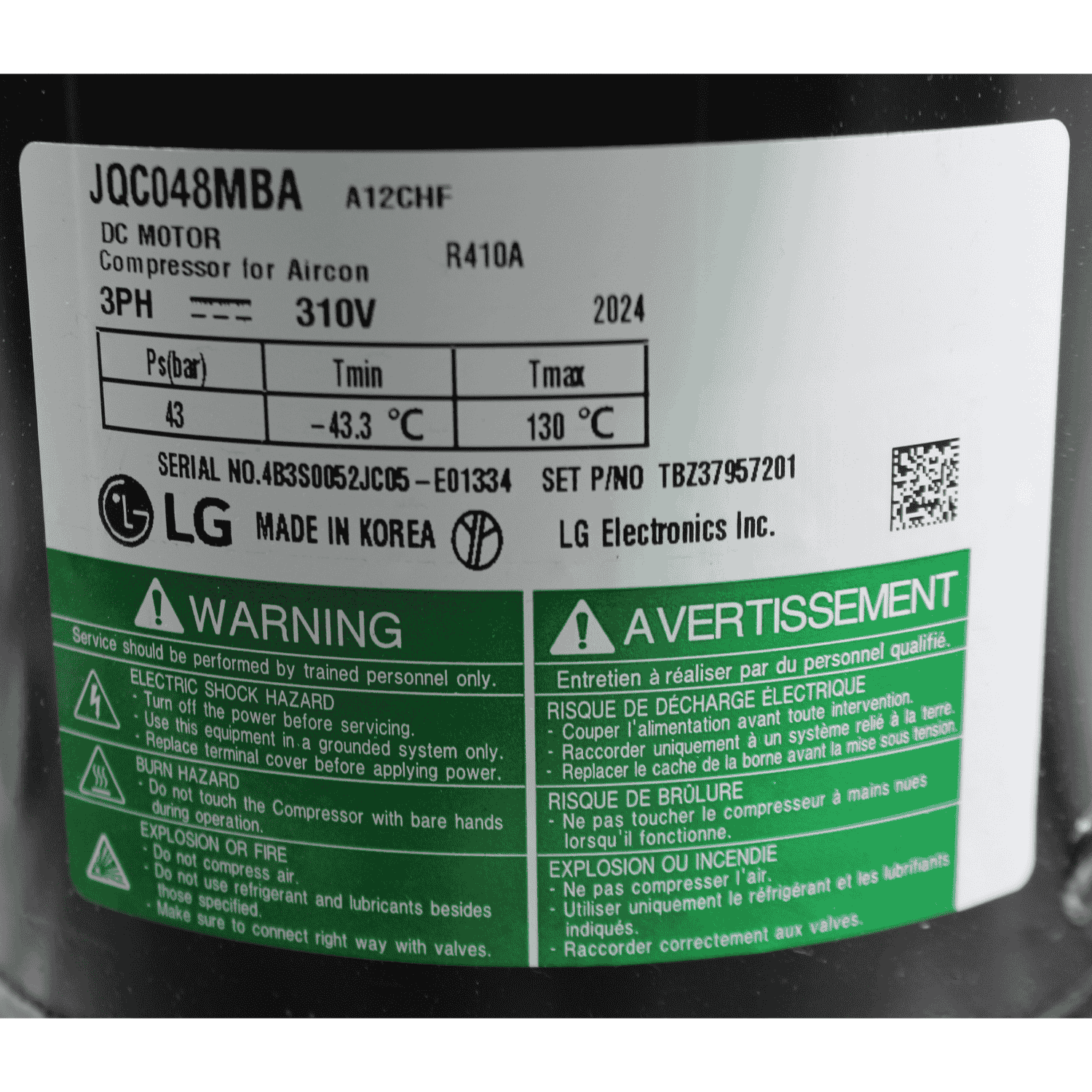 Compresor LG R410 220V para equipo ARUV144BTE5 - TBZ37416201 Compresor LG R410 220V para equipo ARUV144BTE5 - TBZ37416201