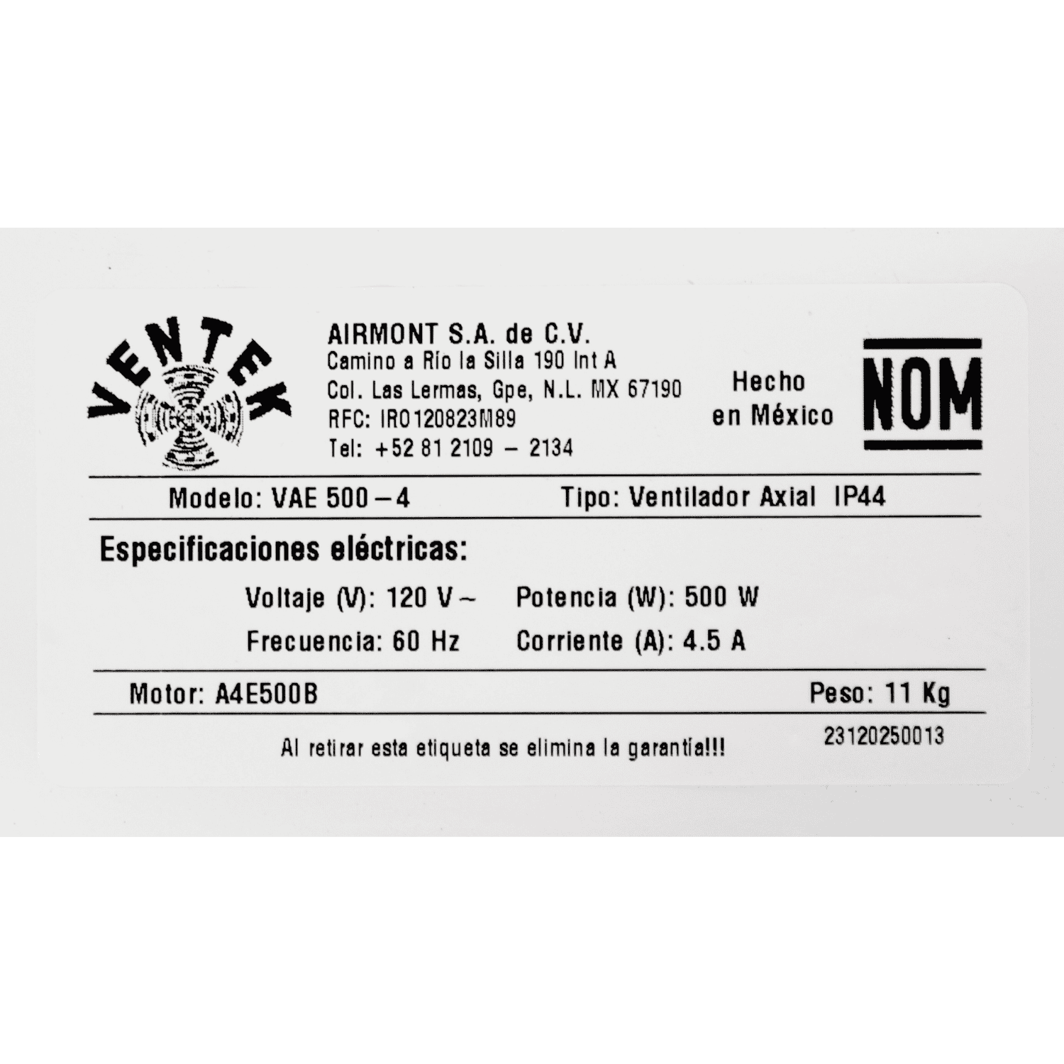 Ventilador Axial VENTEK de 20", 127V 60Hz, 4 POLOS, 4002 CFM - VAE 500-4 Ventilador Axial VENTEK de 20", 127V 60Hz, 4 POLOS, 4002 CFM - VAE 500-4